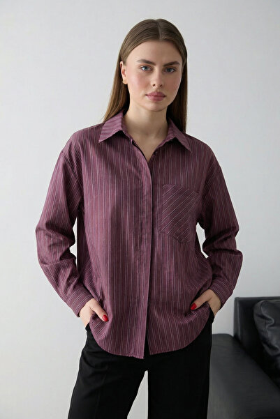 Trendyol Modest Μπορντό Υπερμεγέθες Ριγέ Πουκάμισο TCTSS26TG00045