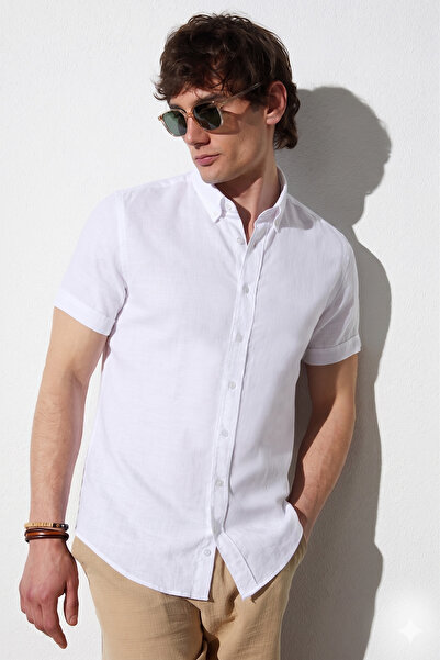 Tudors Ανδρικό κοντό μανίκι με λεπτή εφαρμογή, 100% βαμβακερό λινό υφή, λευκό...