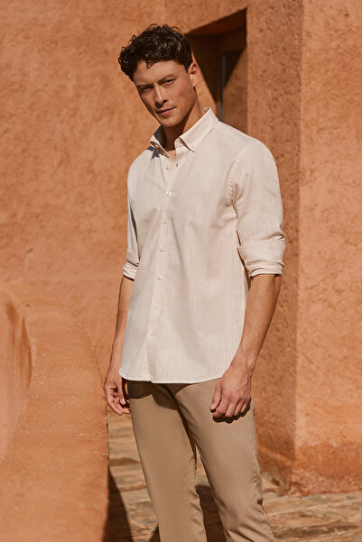 AC&Co / Altınyıldız Classics Ανδρικό μπεζ 100% βαμβακερό φανελένιο πουκάμισο ...