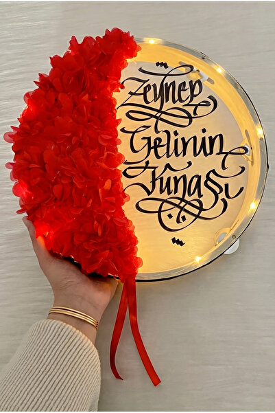ZEYMERADE Kırmızı Ledli Şeffaf Gelin Tefi 32cm, 3d Çiçek Süslemeli, Düğün Sün...