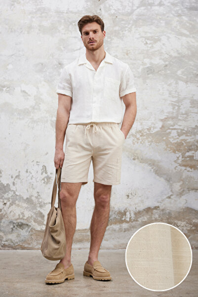 Συλλογή Trendyol Ecru Cargo Pocket Linen Look Βαμβακερό σορτς & Βερμούδες TMN...