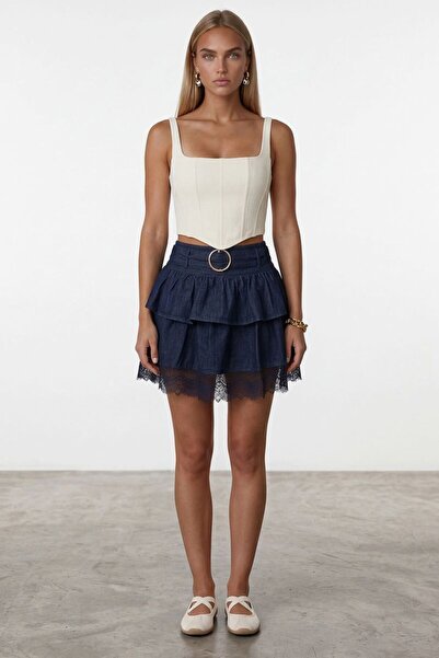 Trend Alaçatı Stili Μπλε ναυτικό τζιν φούστα με φερμουάρ, στρώσεις και βολάν,...