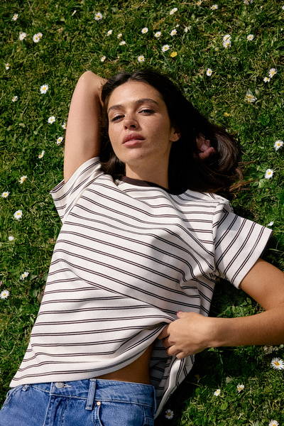 Συλλογή Trendyol Καφέ Ριγέ Κανονική/Κανονική Εφαρμογή Κοντομάνικο Πλεκτό Μπλο...