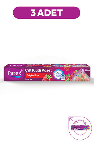 Parex 10'lu Çift Kilitli Buzdolabı Poşeti Büyük Boy 26 x 28 cm Üçlü Paket