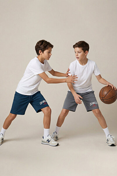 TRENDYOLKIDS Blau-Anthrazit 2er-Pack gestrickte Jungen-Shorts aus Baumwolle m...