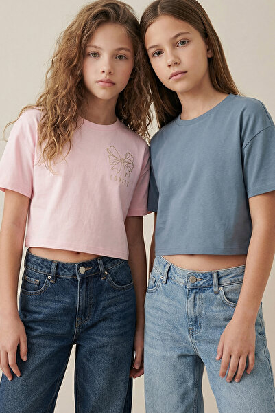 TRENDYOLKIDS Anthrazit-Rosa Slogan bedrucktes Crop Top Kinder T-Shirt