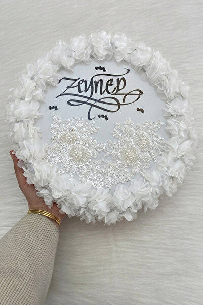 ZEYMERADE Beyaz Kaligrafi Gelin Tefi 32cm, Vip Güpürlü Ve 3d Çiçek Düğün Kına...