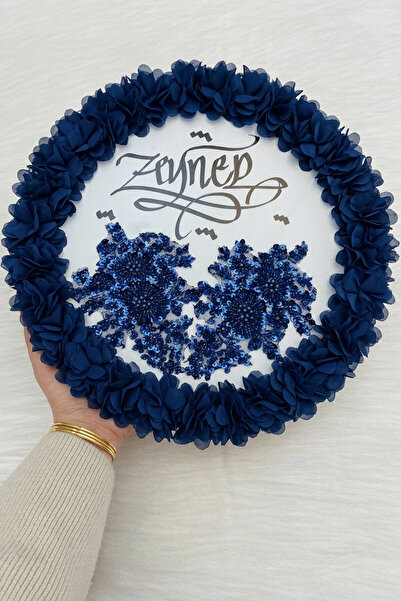 ZEYMERADE Lacivert Kaligrafi Gelin Tefi 32cm, Vip Güpürlü Ve 3d Çiçek Düğün K...