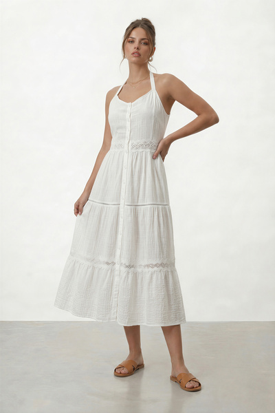 VAGGON Φόρεμα μίντι με κουμπιά και δέσιμο στο λαιμό