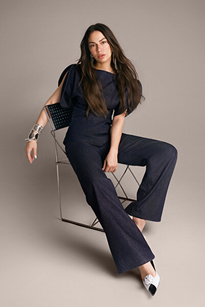 Συλλογή Trendyol Σκούρο Μπλε 100% Βαμβακερό Τζιν Ψηλόμεσο Μακρύ Μήκος με Πέτρ...