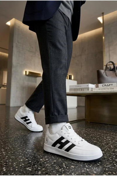 SOLAZER Erkek Beyaz Siyah Sneaker Günlük Spor Ayakkabı 037-E