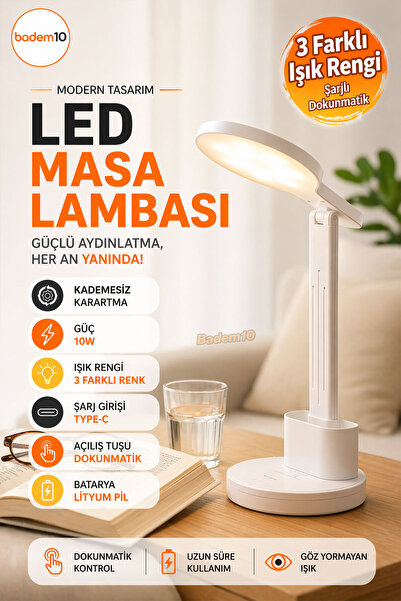 Badem10 Beyaz Dokunmatik 3 Renkli Kademesiz Karartmalı Type C Şarjlı Masa Lam...