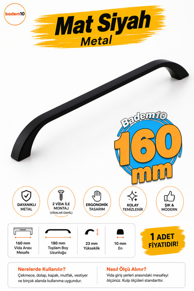 Badem10 Göksu Kulp 160 mm Siyah Metal Mutfak Mobilya Çekmece Mutfak Dolap Dol...