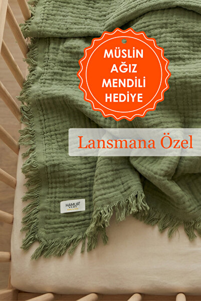 HAMUR Bebek 4 Katlı Müslin Pike Örtü %100 Pamuk 2'li Ağız Bezi Hediyeli Yenidoğan 85x100 Battaniye Yeşil