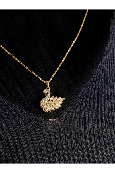 deryora Crystal Stone Swan Model Gold Color Steel Necklace