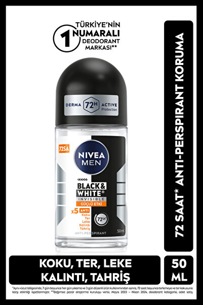 NIVEA MEN Erkek Roll On Deodorant Black&White Invisible Güçlü Etki 50 ml,Ter ...