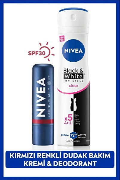 NIVEA Kadın Sprey Deodorant Black&White Clear 150ml ve Kırmızı Renkli Nemlend...