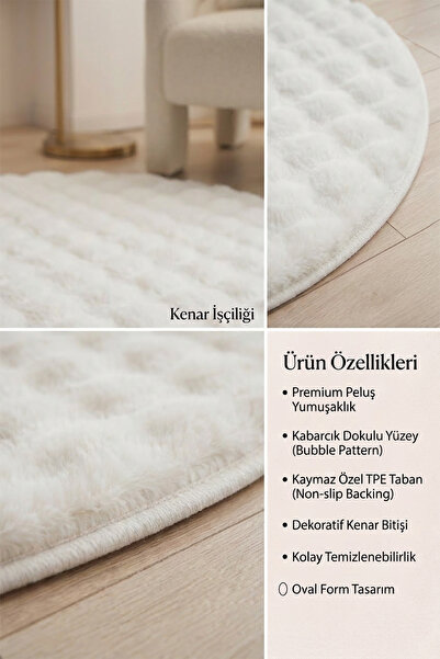 ALgorand Home Oval Peluş Halı Beyaz Kaymaz Taban Yıkanabilir Yumuşak Salon Yatak Odası Halısı