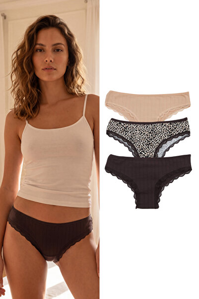 Συλλογή Trendyol Καφέ-Πολύχρωμο Βαμβακερό Σετ 3 τεμαχίων Λεοπάρ Ριγέ Βραζιλιά...