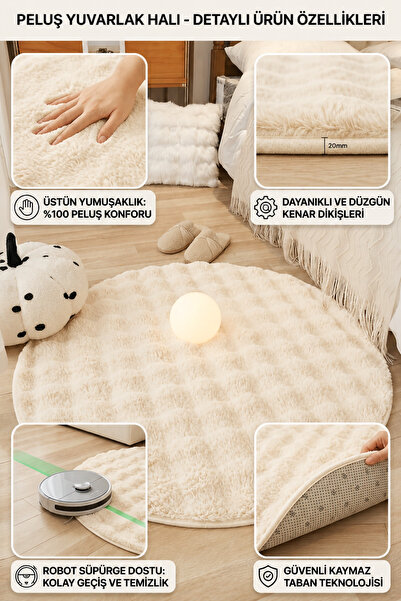 ALgorand Home Oval Peluş Halı Krem Kaymaz Taban Yıkanabilir Yumuşak Salon Yatak Odası Halısı