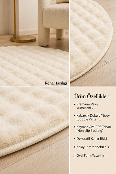ALgorand Home Oval Peluş Halı Krem Kaymaz Taban Yıkanabilir Yumuşak Salon Yatak Odası Halısı