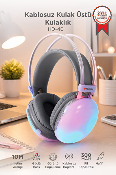 Torima Bluetooth Kulaklık Kulak Üstü Rgb Işıklı Kablosuz Kulaklık HD40 Mor