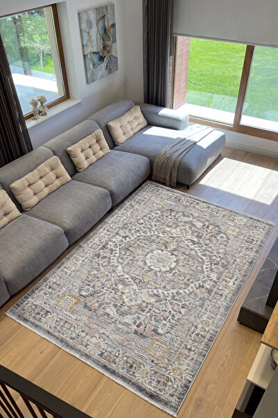 Cool Halı Zaraf Ανοιχτό Γκρι Κλασικό Στρογγυλό Χαλί – Λεπτό Καλοκαιρινό Εθνικ...