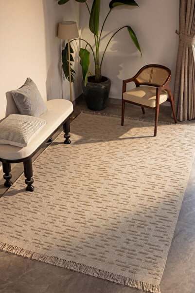 Cool Halı Rustika Bej Jüt Kilim Halı Hasır Görünüm Bohem Dekoratif Kabartmalı...