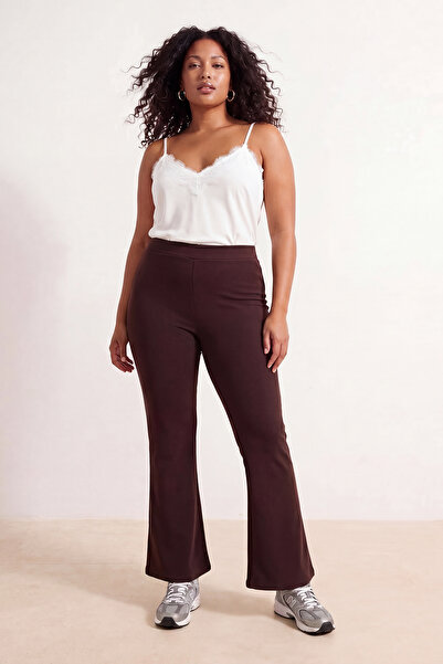 Trendyol Curve Καφέ Μαλακό Βουρτσισμένο Ύφασμα 2 Τεμάχια Ισπανικό Κολάν με Φο...