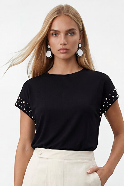 Trend Alaçatı Stili Γυναικεία Μαύρη Μπλούζα με Λαιμόκοψη Ποδηλάτου και Περλέ ...