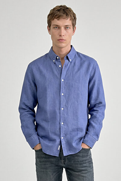 Lee 100% Linen Regular Fit Regular Cut Navy Blue Shirt
