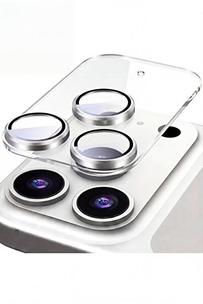 Fibaks iPhone 17 Pro Max Safir AR+AF Şeffaf Zeminli Gümüş Çerçeveli Tam Koruma Kamera Lens Koruyucu
