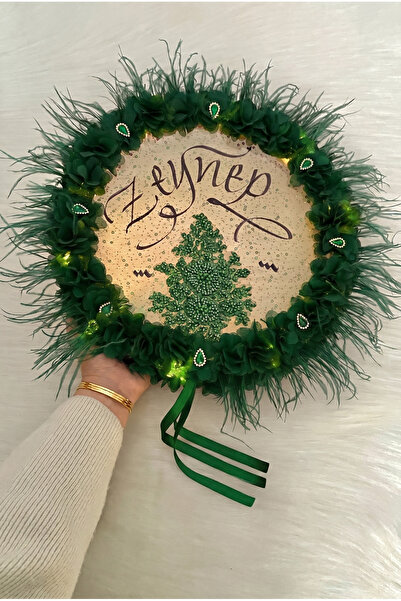 ZEYMERADE Zümrüt Yeşili Ledli Gelin Tefi 32cm, Lüx Aplik Çiçek Pul Payet Taşl...