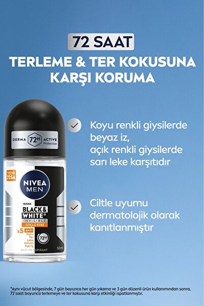 NIVEA MEN Erkek Roll On Deodorant Black&White Invisible Güçlü Etki 50 ml,Ter ve Ter Kokusuna Karşı Koruma