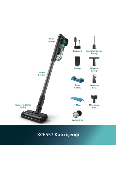 Philips 6000 Serisi Kablosuz Dikey Süpürge, PowerCyclone 11, Aqua Modül ile Kolay Mop, TriActive, XC6557/01