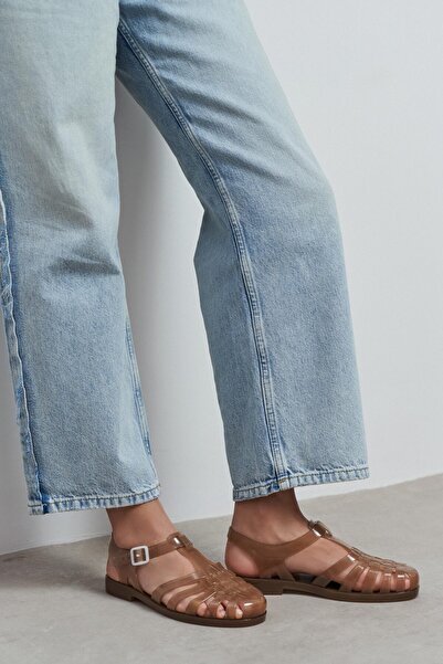 NİŞANTAŞI SHOES Γυναικεία πέδιλα Anderline διάφανα καφέ ζώνη με λεπτομέρεια