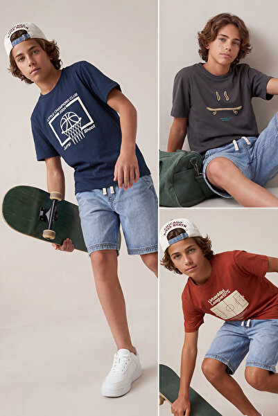 TRENDYOLKIDS Μπλουζάκι από νήματα πλέξης σε χρώμα τούβλο-ανθρακί-μπλε ναυτικό...