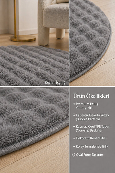 ALgorand Home Oval Peluş Halı Antrasit Kaymaz Taban Yıkanabilir Yumuşak Salon Yatak Odası Halısı