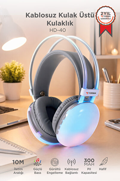 Torima Bluetooth Kulaklık Kulak Üstü Rgb Işıklı Kablosuz Kulaklık HD40 Beyaz