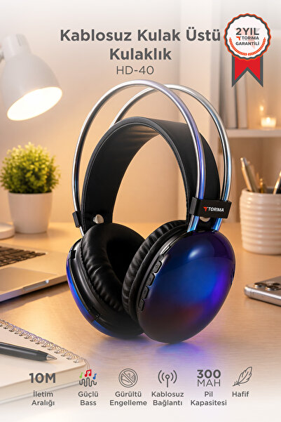 Torima Bluetooth Kulaklık Kulak Üstü Rgb Işıklı Kablosuz Kulaklık HD40 Siyah