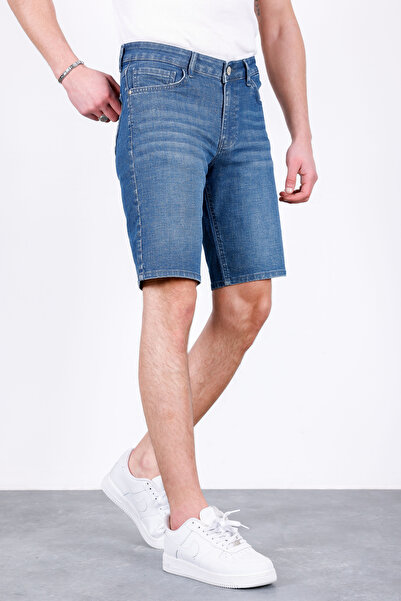 HLT JEANS شورت جينز رجالي من قماش الليكرا المرن ذو قصة مريحة مطحون باللون الأ...