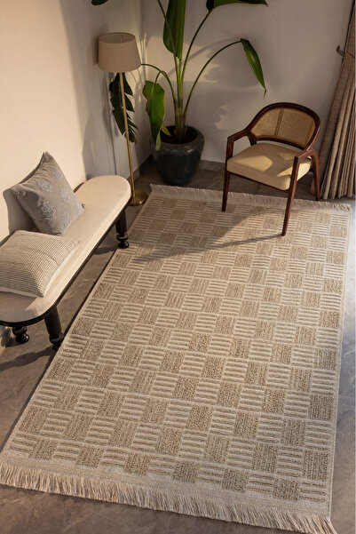 Cool Halı Rustika Bej Jüt Halı Kilim Modern Kabartmalı Bohem Kaymaz Taban Has...