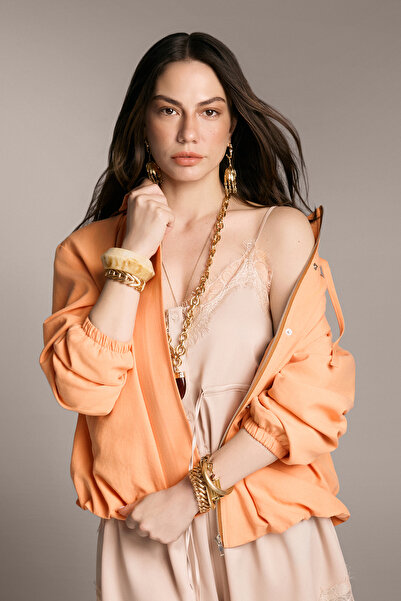 Συλλογή Trendyol Πορτοκαλί Oversize Παλτό Bomber με Όρθιο Γιακά από Λινό και ...