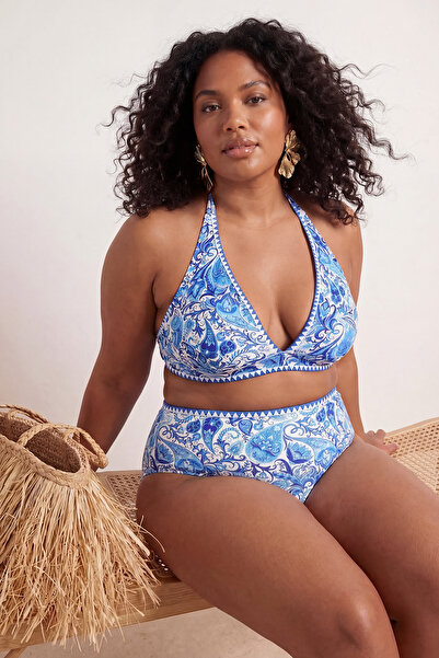 Trendyol Curve Μπλουζάκι μπικίνι μεγάλου μεγέθους με έθνικ σχέδια, χιαστί δέσ...