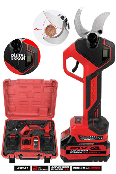 ASSUR 21V Çift Akülü 40 mm Ağaç Odun Dal Kesme Makinesı Şarjlı Dijital Budama...