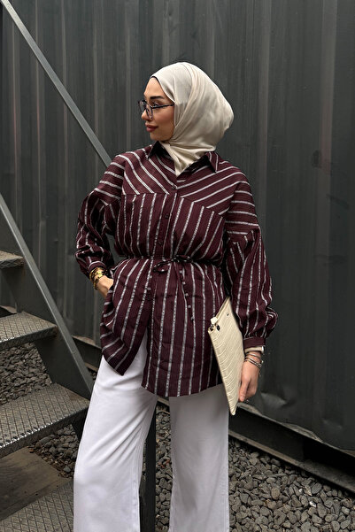 LOCCO Γυναικείο Φαρδύ Πουκάμισο με Ριγέ Λεπτομέρεια σε Χρώμα Δαμασκηνί