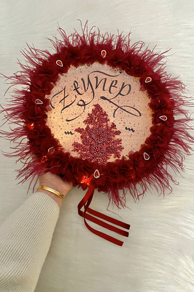 ZEYMERADE Bordo Ledli Gelin Tefi 32cm, Lüx Aplik Çiçek Pul Payet Taşlı Tüylü,...
