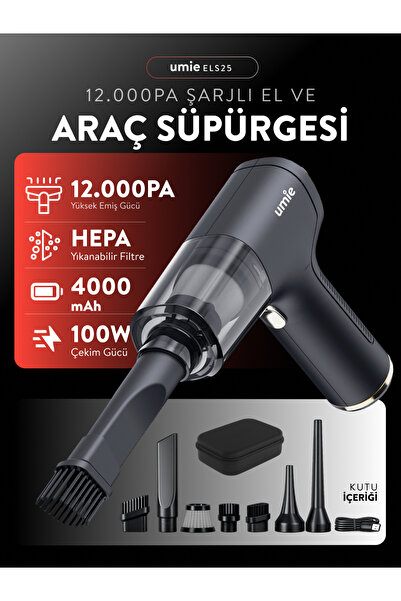 Umie Kablosuz Şarjlı Taşınabilir Ev ve Araç İçi El Süpürgesi 12000PA ELS25