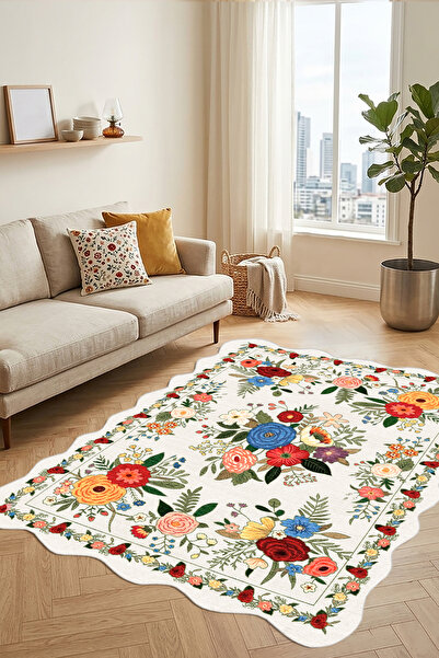 Decomia Home Dijital Kaymaz Yıkanabilir Renkli Etnik Retro Salon Halısı Mutfa...