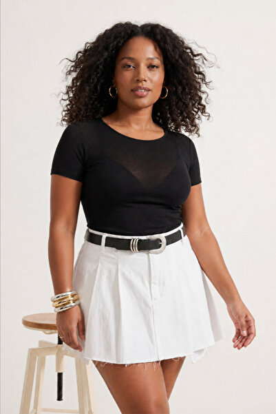 Trendyol Curve Bluză neagră, transparentă, elastică, mulată pe corp, cu mânec...